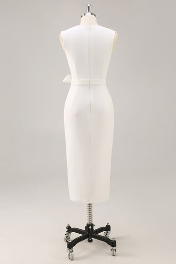 White V-Neck Satin Formal Dress with Belt